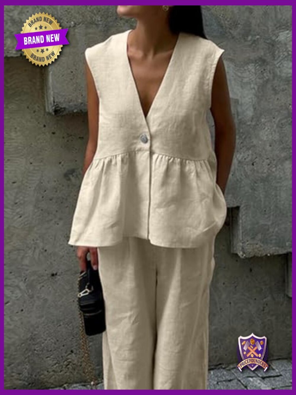 Sleeveless V Neck Peplum Top & Wide Leg Pant Set, Lounge Set - Picture 3 of 7